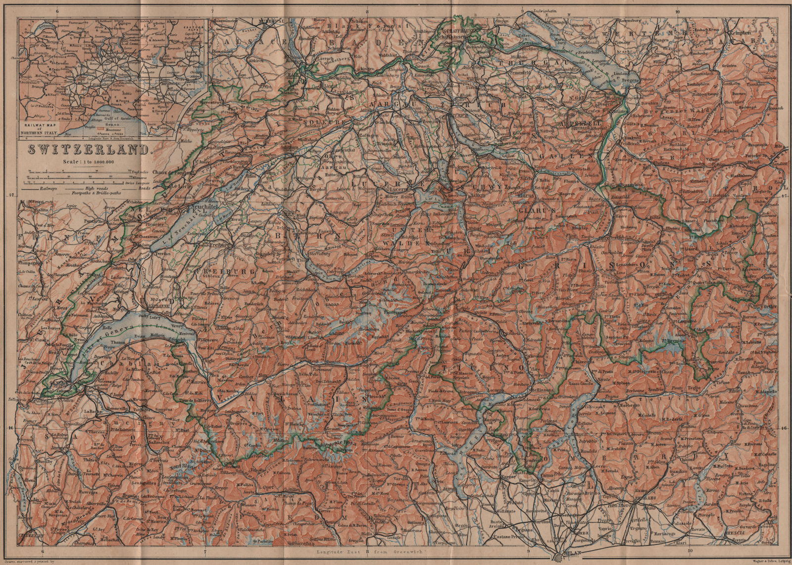 Map of Switzerland Suisse Schweiz. Northern Italy railways carte karte 1899
